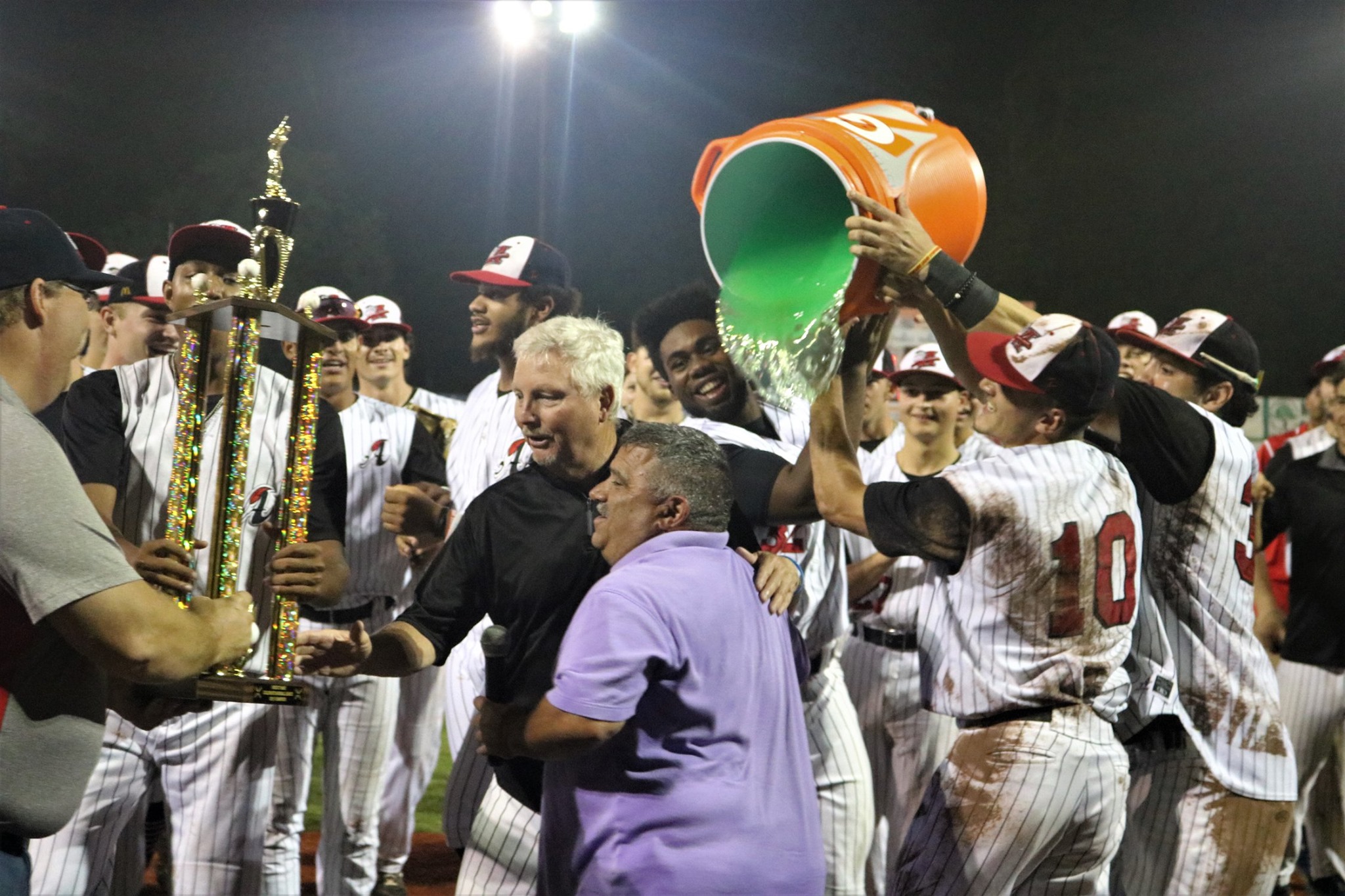 Keith Griffin about to receive a Gatorade shower after winning the 2019 PGCBL Championship