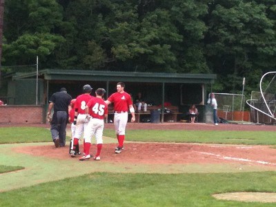 Fonda's Josh Nethaway celebrates his Home Run with his teammates