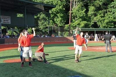 Interns assisting with the chicken sling shot