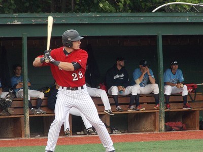 First Basemen Luke Nethaway of St. Rose prepares to swing at a pitch