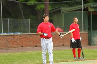 Shane Zimmer (Canisius) and Brian Ruby (Binghamton) wait their turn to take batting practice