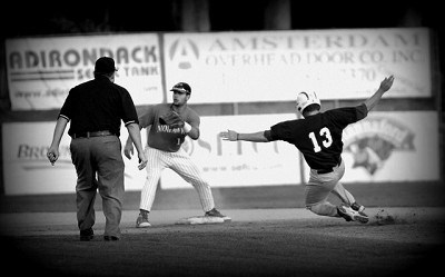 John Sansone (Florida State) waits for the ball as Willie Shaw (William & Mary) advances to second base on a wild pitch in the fourth inning