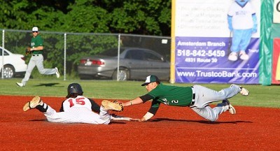 Hunter Tackett (Auburn) slides into second base as Colin Hawk (Indianapolis) tries to apply the tag. 