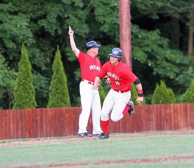 Brian Ruby (Binghamton) rounds third as Josh Gardiner hits a 2-run double in the second inning