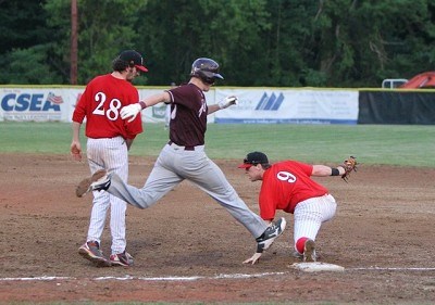 John Nogowski (Florida State) makes the play at First Base as Matt Snyder (FMCC) looks on