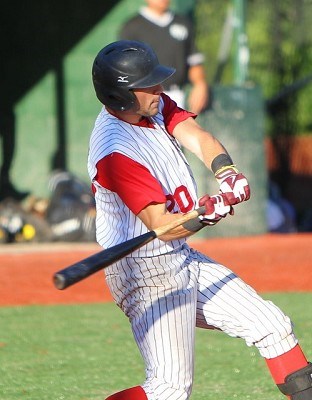 Left fielder John Razzino of Franklin Pierce singles to right center in the first inning.