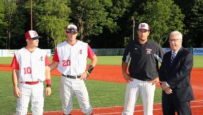 June Players of the Month Josh Gardiner and John Razzino with Pitcher of the Month EJ Ashworth presented by the Greco Olinsky Wealth Management Group of Wells Fargo Advisors.