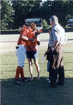 Tery Simon of LSU hugs his host mother, Debbie Sheridan, on 2005 